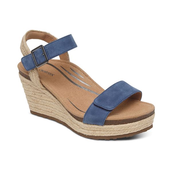 Aetrex Women's Sydney Quarter Strap Espadrille Wedge Sandals - Blue | USA 7TAMG55